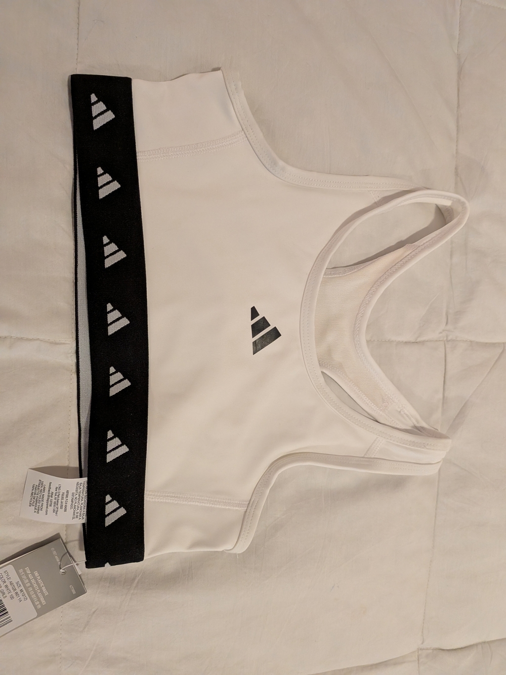 NWT adidas 10/12 White Kids Sports Bra with Black Logo Trim